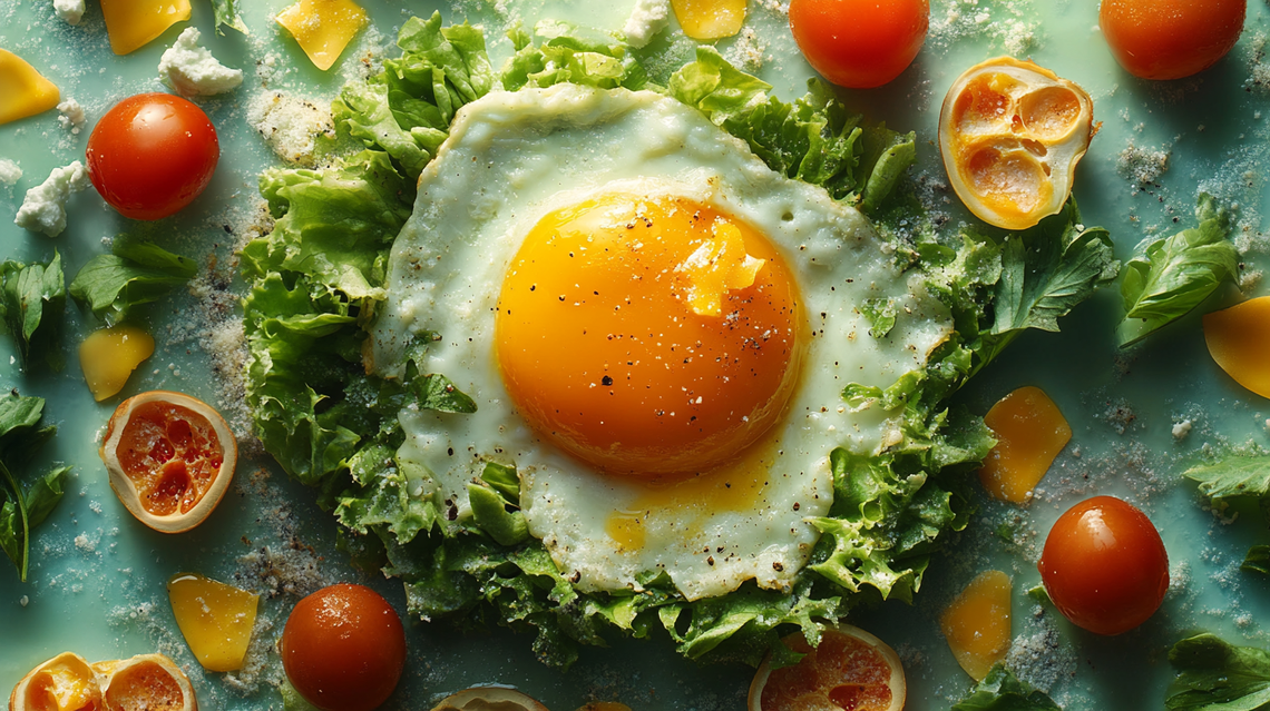 Artistic photo collage featuring an egg surrounded by tomatoes, salad greens, and spicy herbs.