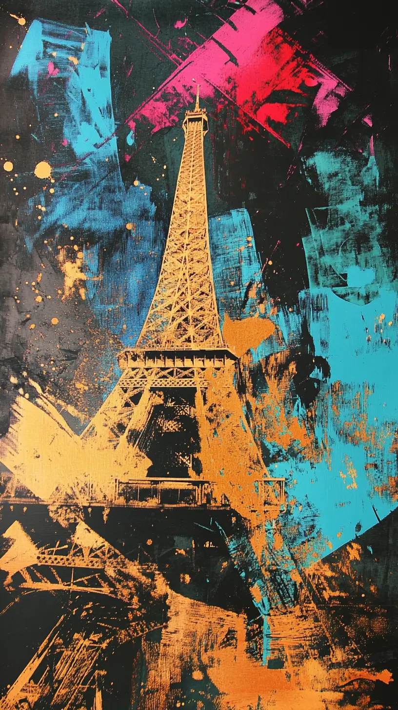 Eiffel Tower in Pop Art style with bright colors, inspired by Andy Warhol.