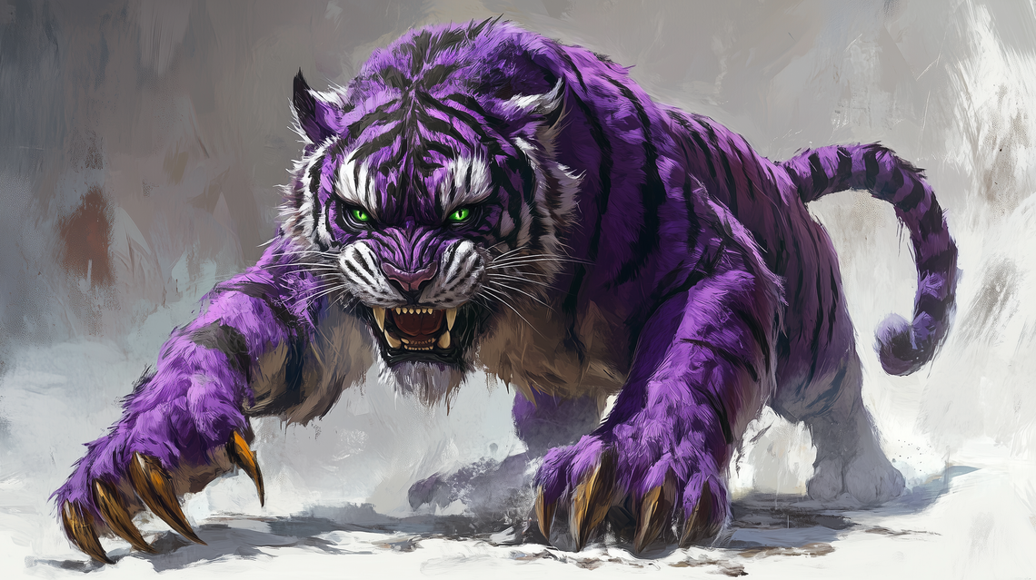 Male tiger with purple fur, glowing green eyes, and eldritch claws, in a Dungeons & Dragons-inspired fantasy style.