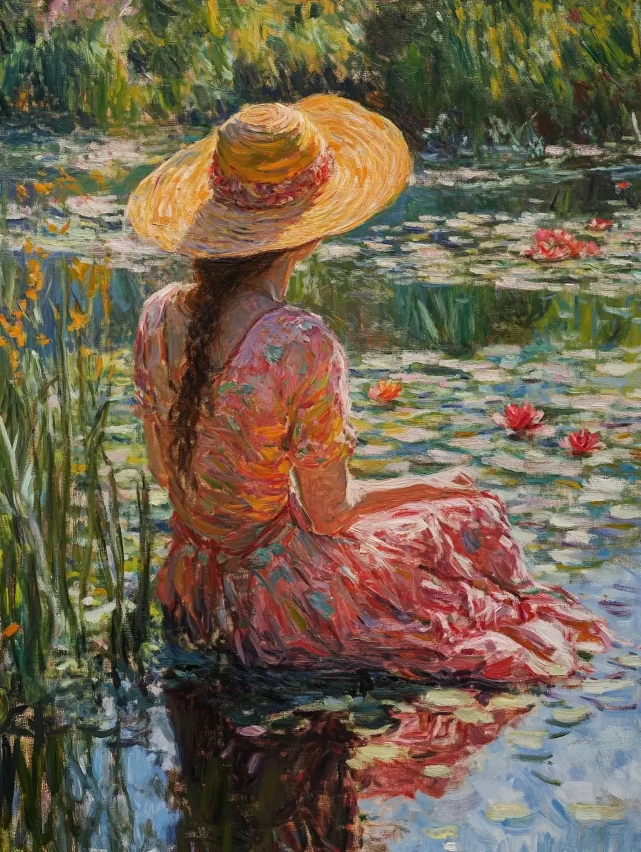 Elegant woman in a stylish hat seated in a serene pond, gazing into the distance in a peaceful painting.