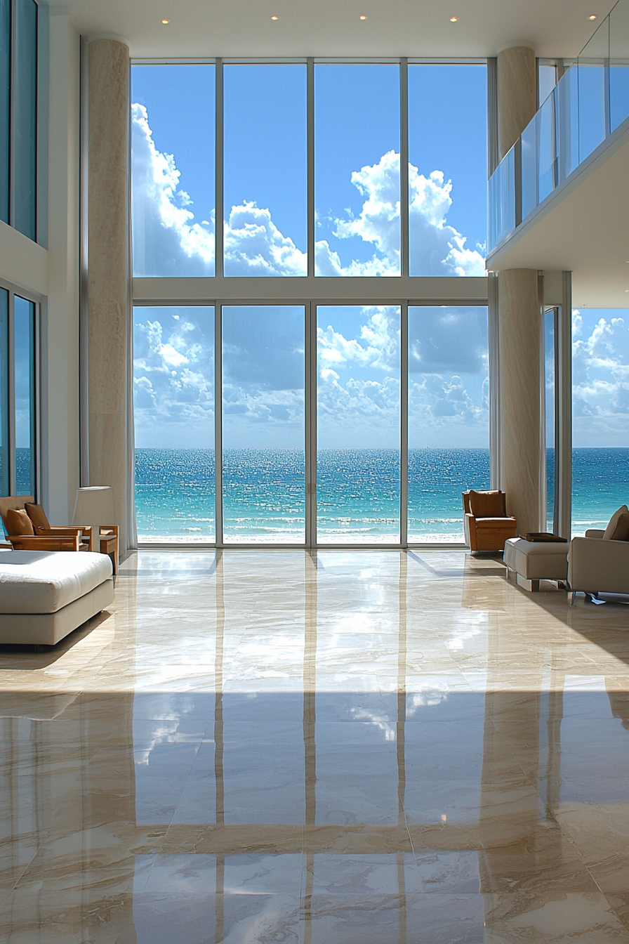 Minimalist beachfront apartment with high ceilings, glass windows, ocean views, and serene decor