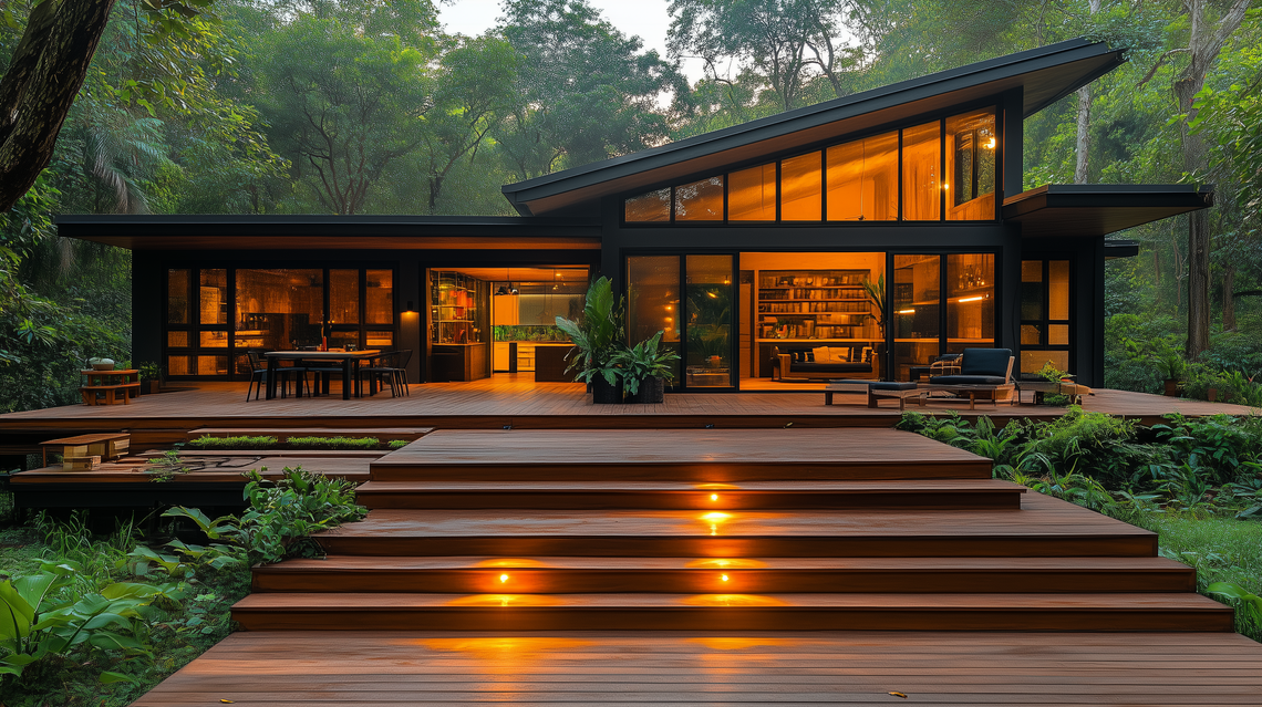 A sleek black house with minimalist tropical design, surrounded by lush greenery and a wooden deck, bathed in soft sunlight.