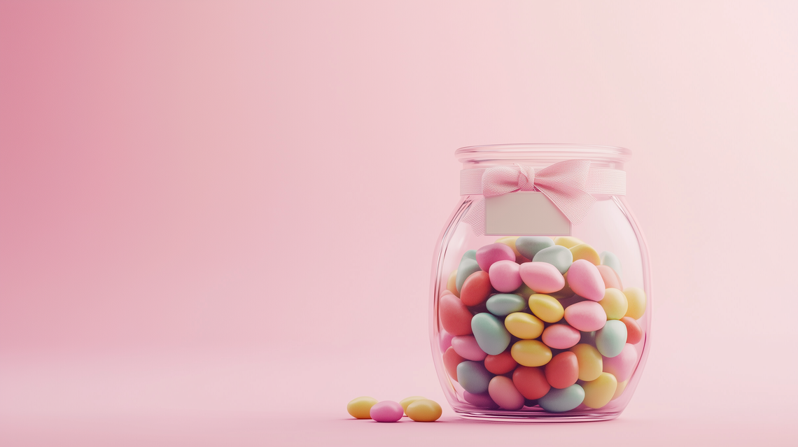 An elegant jar brimming with colorful candies, featuring a minimalistic label and a delicate ribbon.