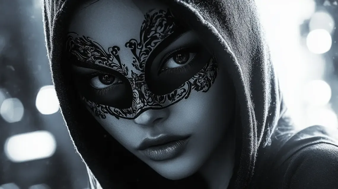 Black-and-white portrait of a masked woman with a gangster vibe in front of a blurred cityscape.