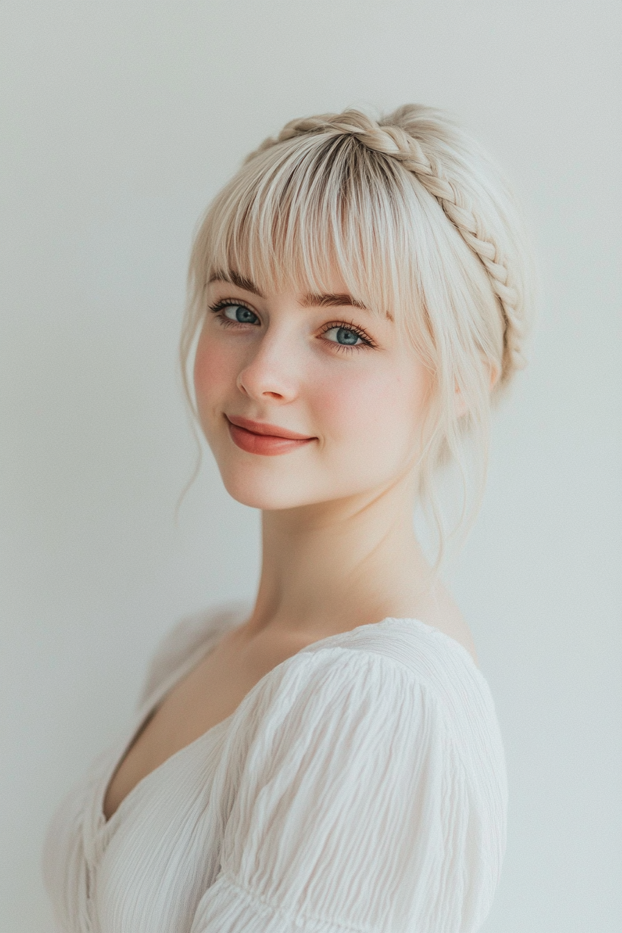 Side view, half-body photo of a young European woman with white-blonde hair and a braid headband, smiling elegantly.