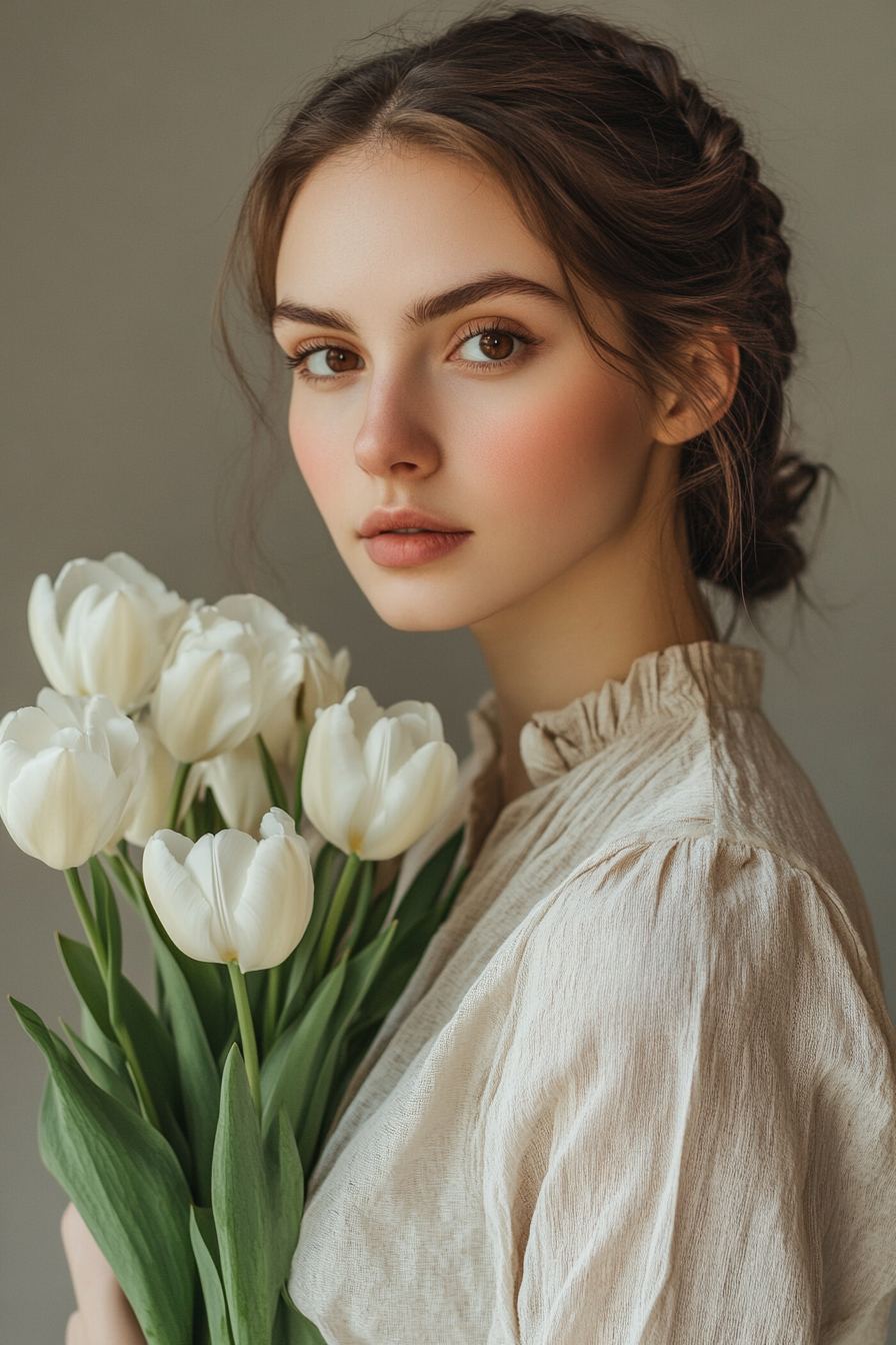 Elegant woman with braided bun and brown eyes holding white tulips, wearing a light blouse against a plain background.