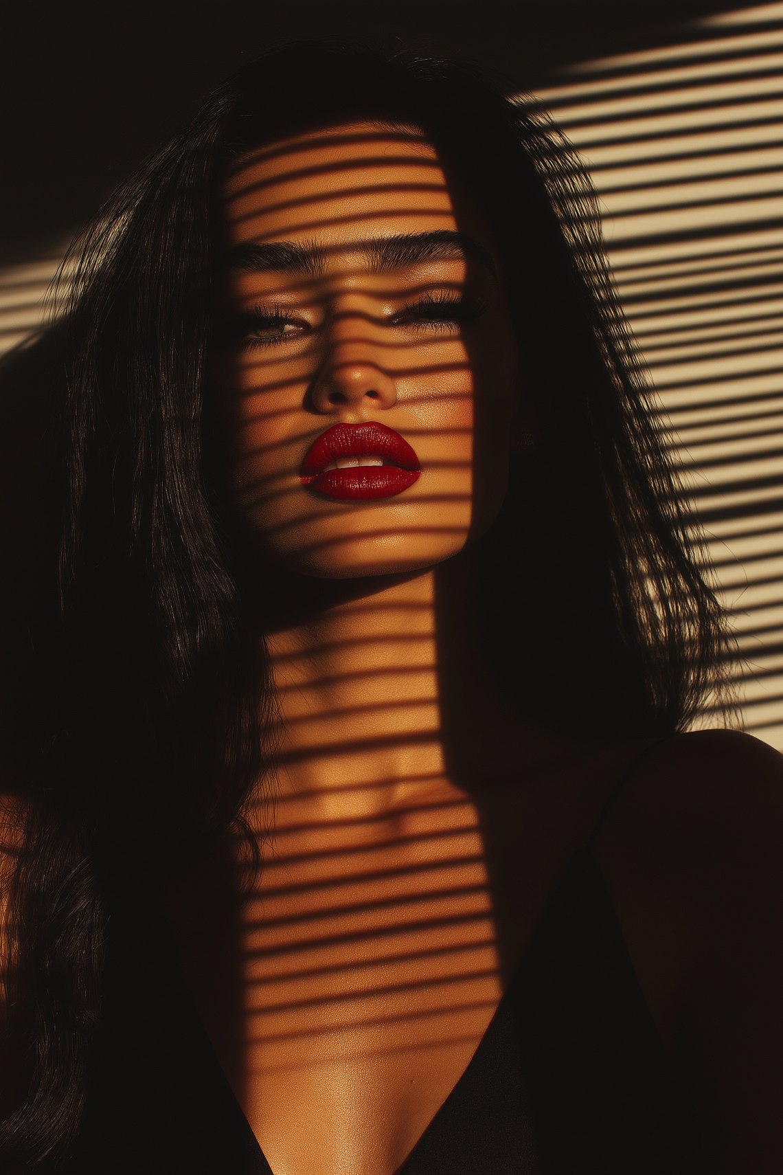 Portrait of woman with red lipstick, soft lighting, dark background, elegant contrast