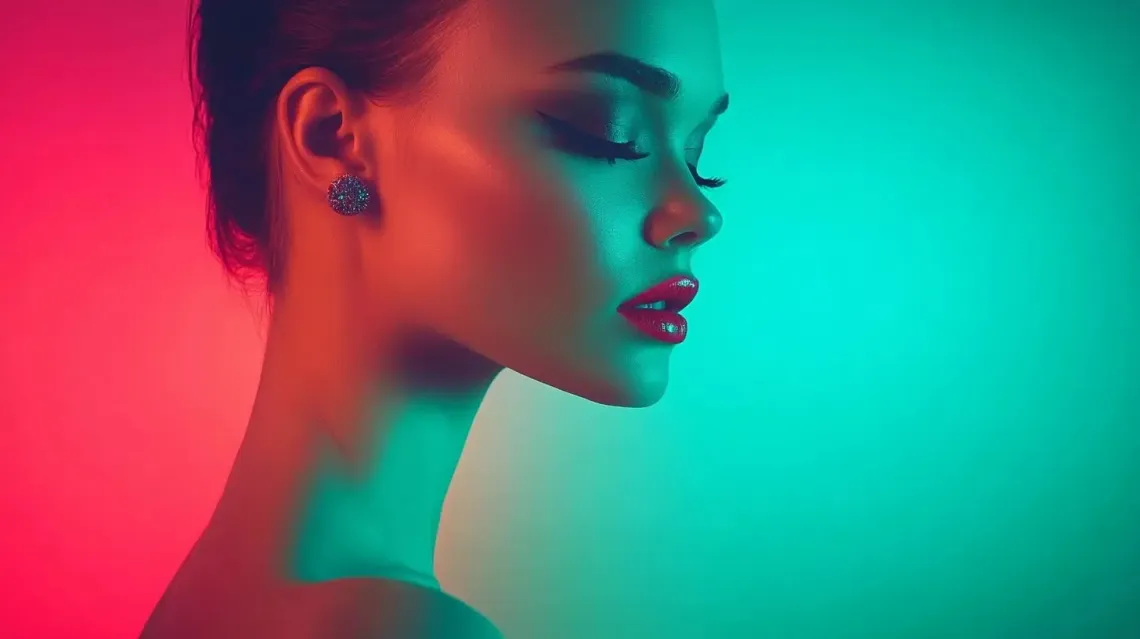 Close-up of woman's face with red lipstick and earrings, radiating elegance.