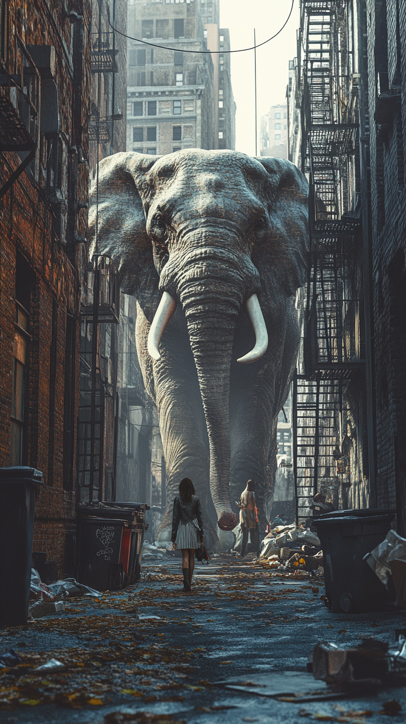 Massive elephant walking beside a woman in a narrow New York alleyway with brick walls, fire escapes, and trash cans.