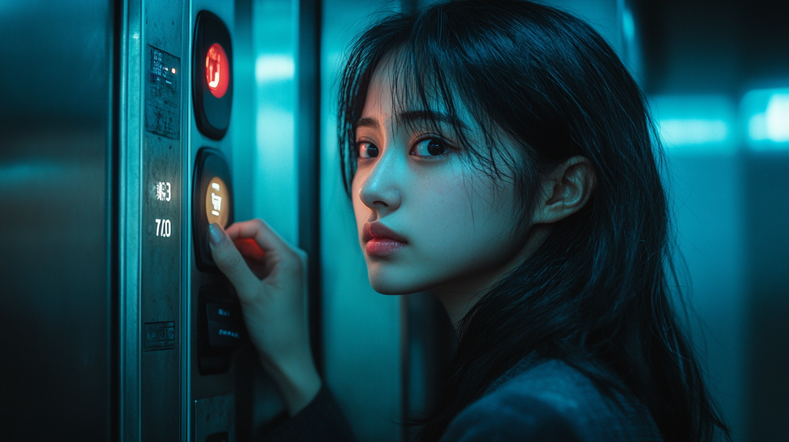 A 20-year-old Asian girl in a dimly lit old elevator, pressing a floor button.