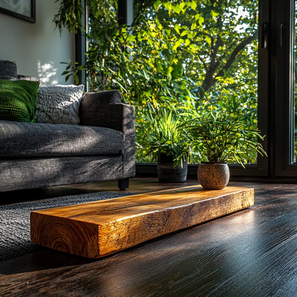 Sturdy, well-crafted wooden table on a polished hardwood floor in a warm, earthy-toned interior space.