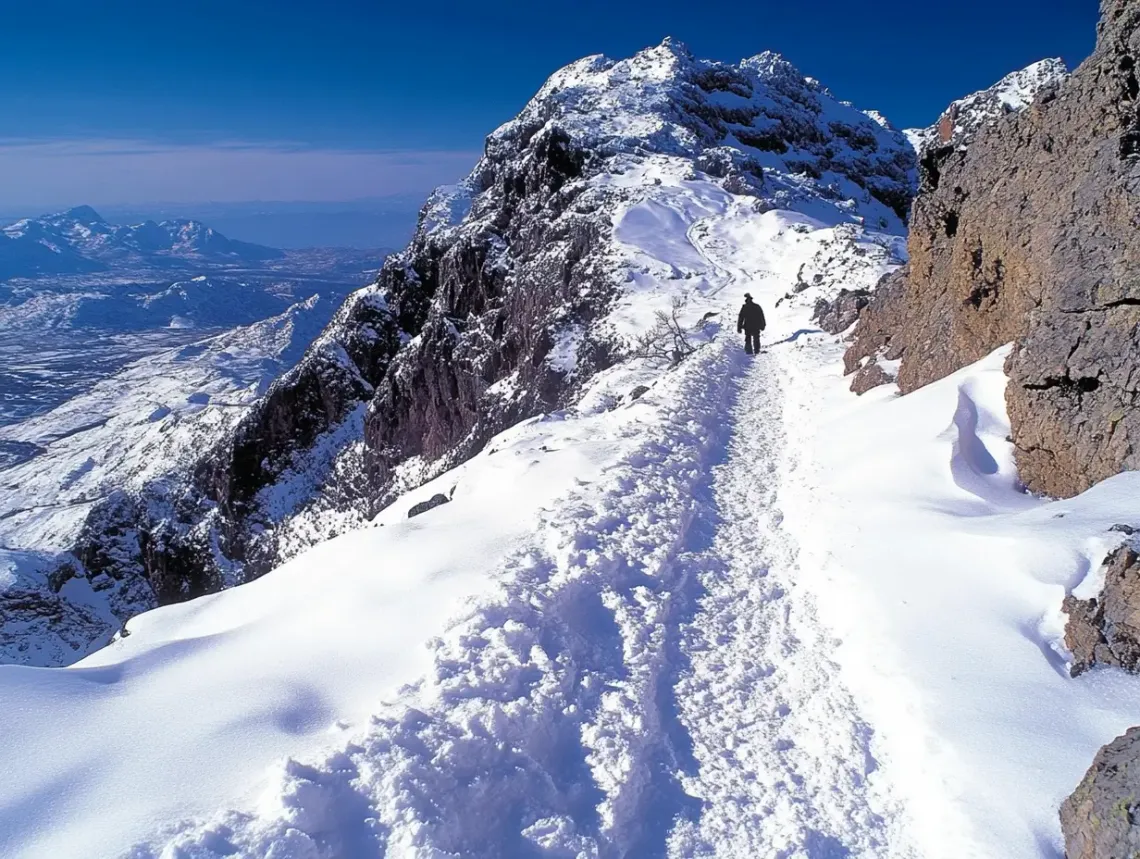 Person trekking up a steep, snow-covered mountainside, leaving footprints behind in a serene landscape.