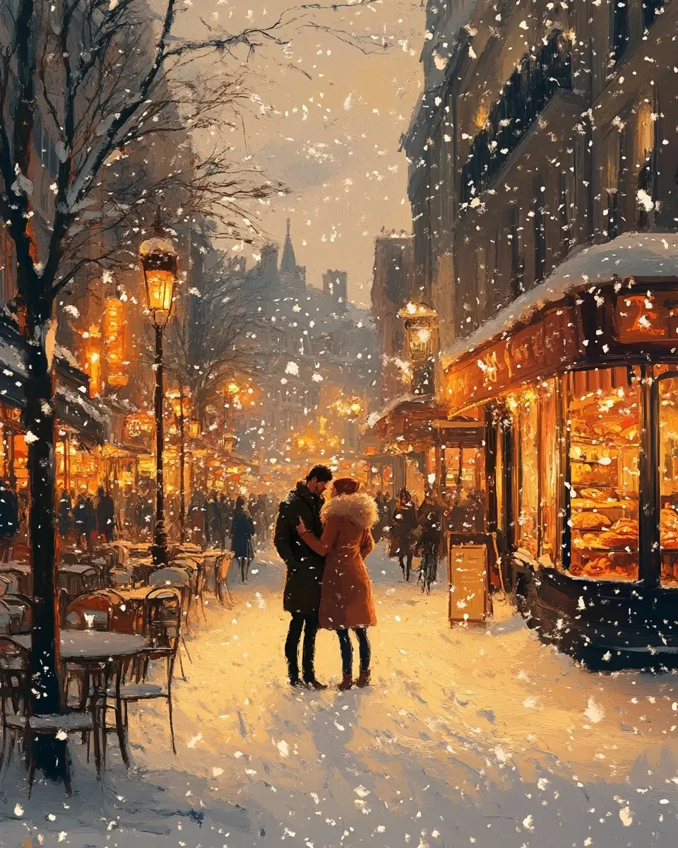 Couple embracing in a peaceful snowy cityscape, dressed in winter clothing.