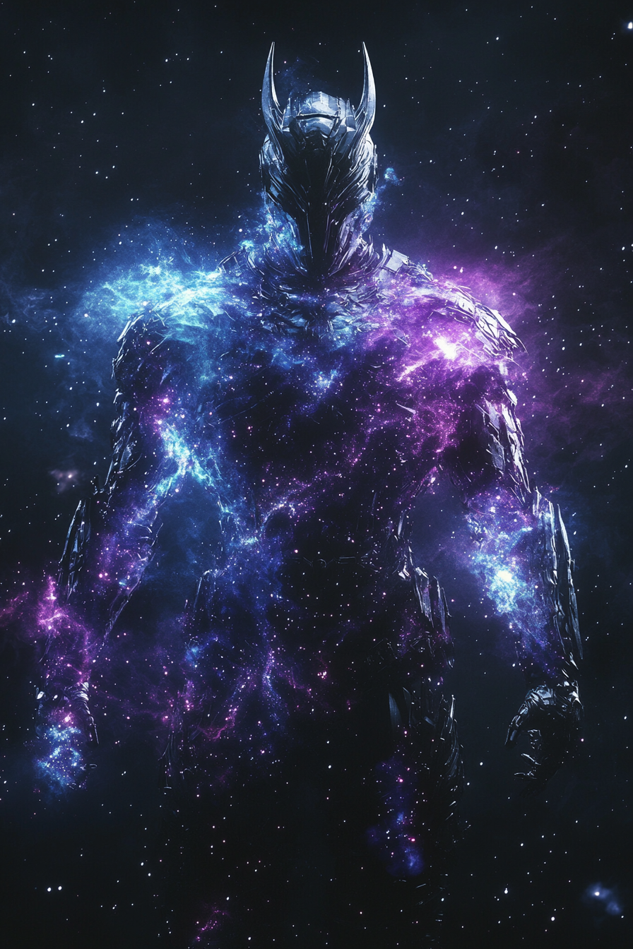 Knight in armor with two helmet spikes, back view, composed of swirling stars and galaxies, cosmic hues