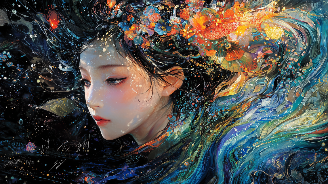 Character with flowing lines and vibrant colors, inspired by Yoshitaka Amano, set in a dreamlike, otherworldly atmosphere.