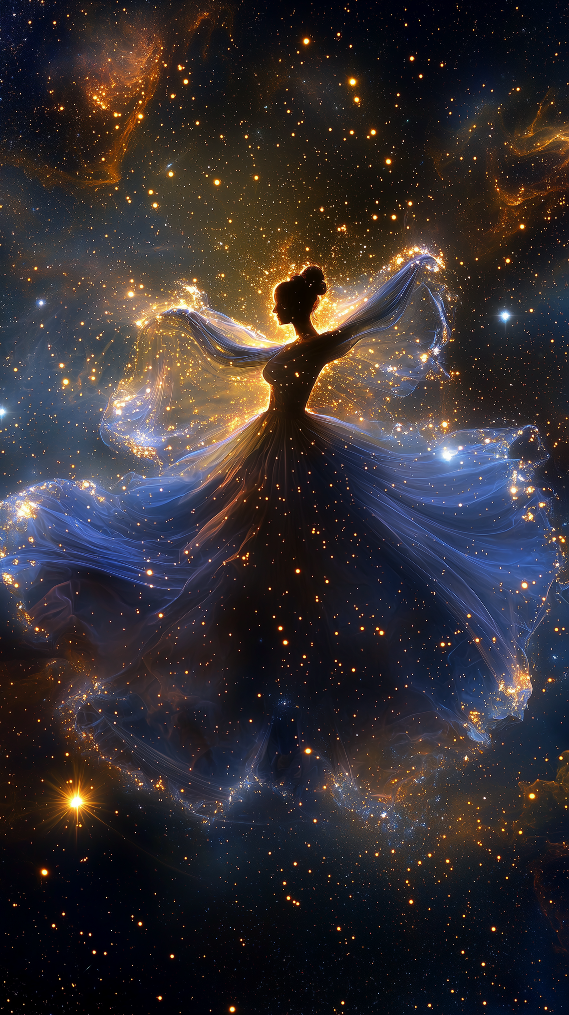 Ethereal star cloud shaped like a woman dancing in a flowing gown, with glowing constellation stars and misty cosmic hues.