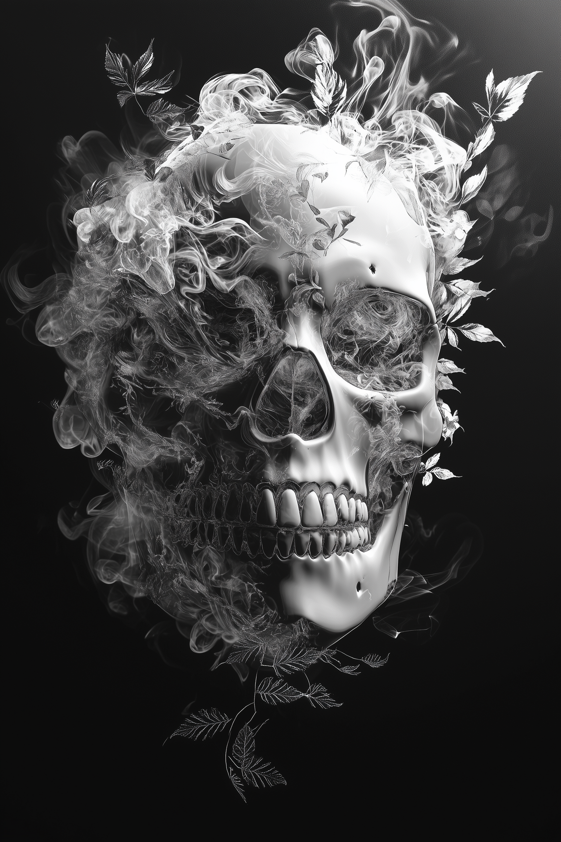 Black and white digital drawing of a skull in smoke with swirling leaves.