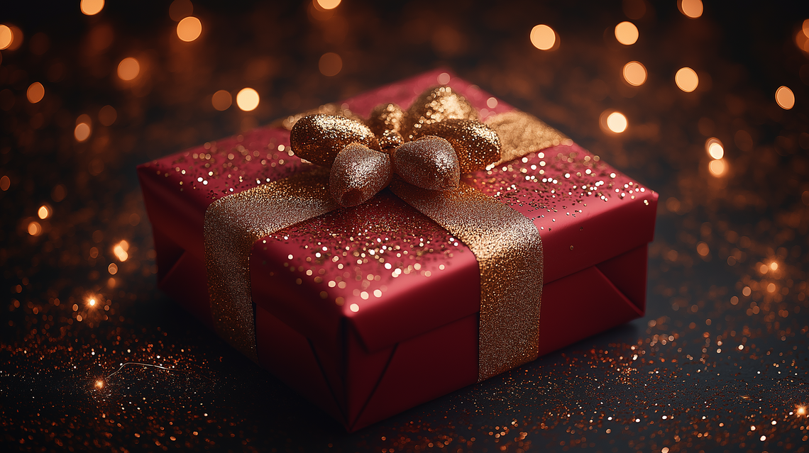 Red Christmas gift box adorned with golden silk ribbon, covered in sparkling gold powder, under soft volumetric lighting.