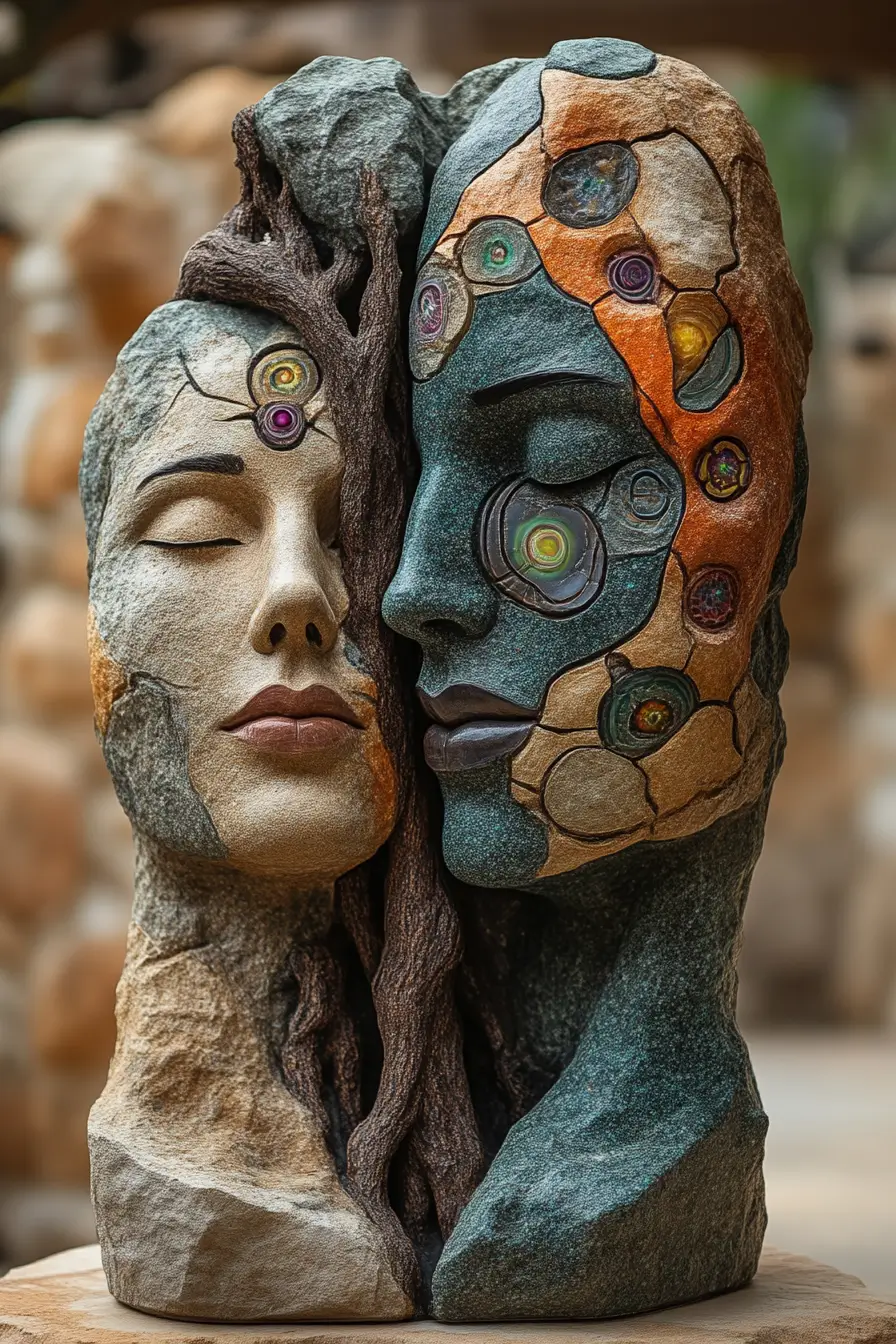 Sculptures of faces with a chakra tree between, symbolizing unity and spiritual energy.