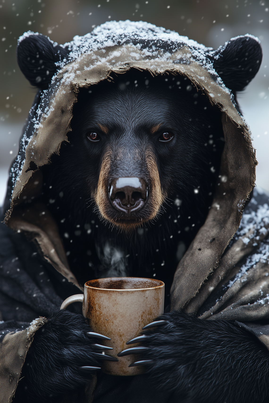 Close-up of black bear in tattered hooded cloak holding coffee mug, with snow on its face