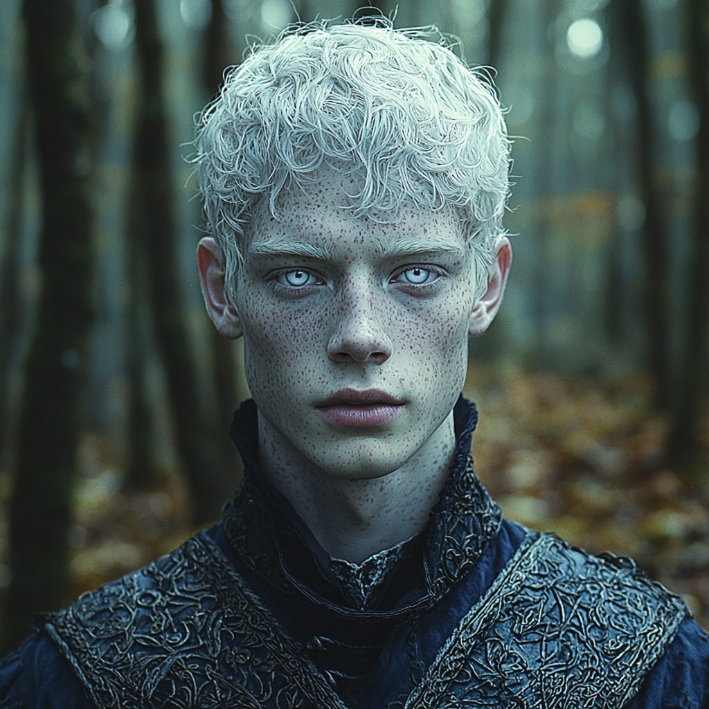 Young changeling with white hair and white eyes, wearing dark medieval clothing, standing in a peaceful forest