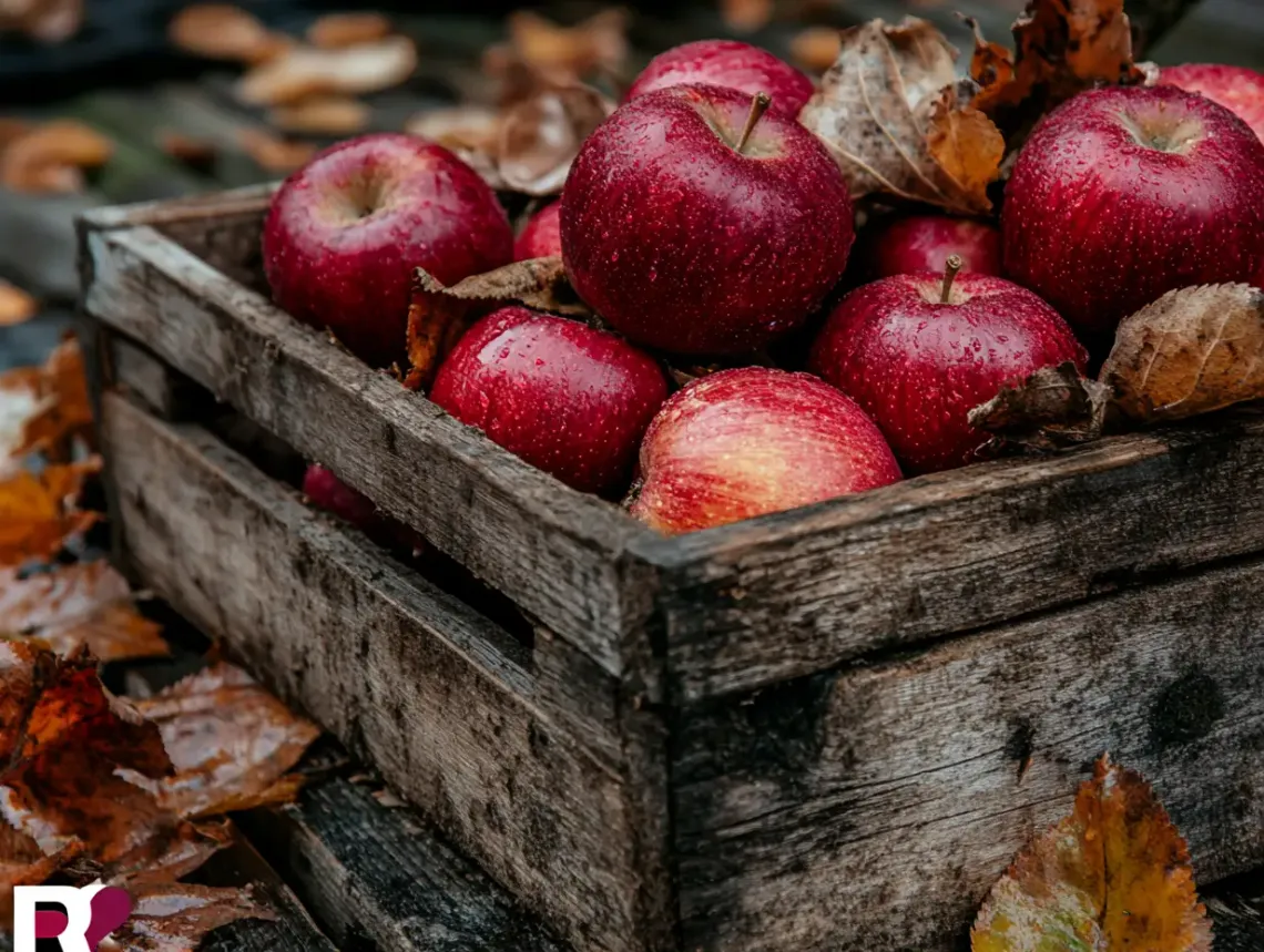 Wooden crate filled with ripe red apples on a bed of green leaves, symbolizing fresh farm produce.