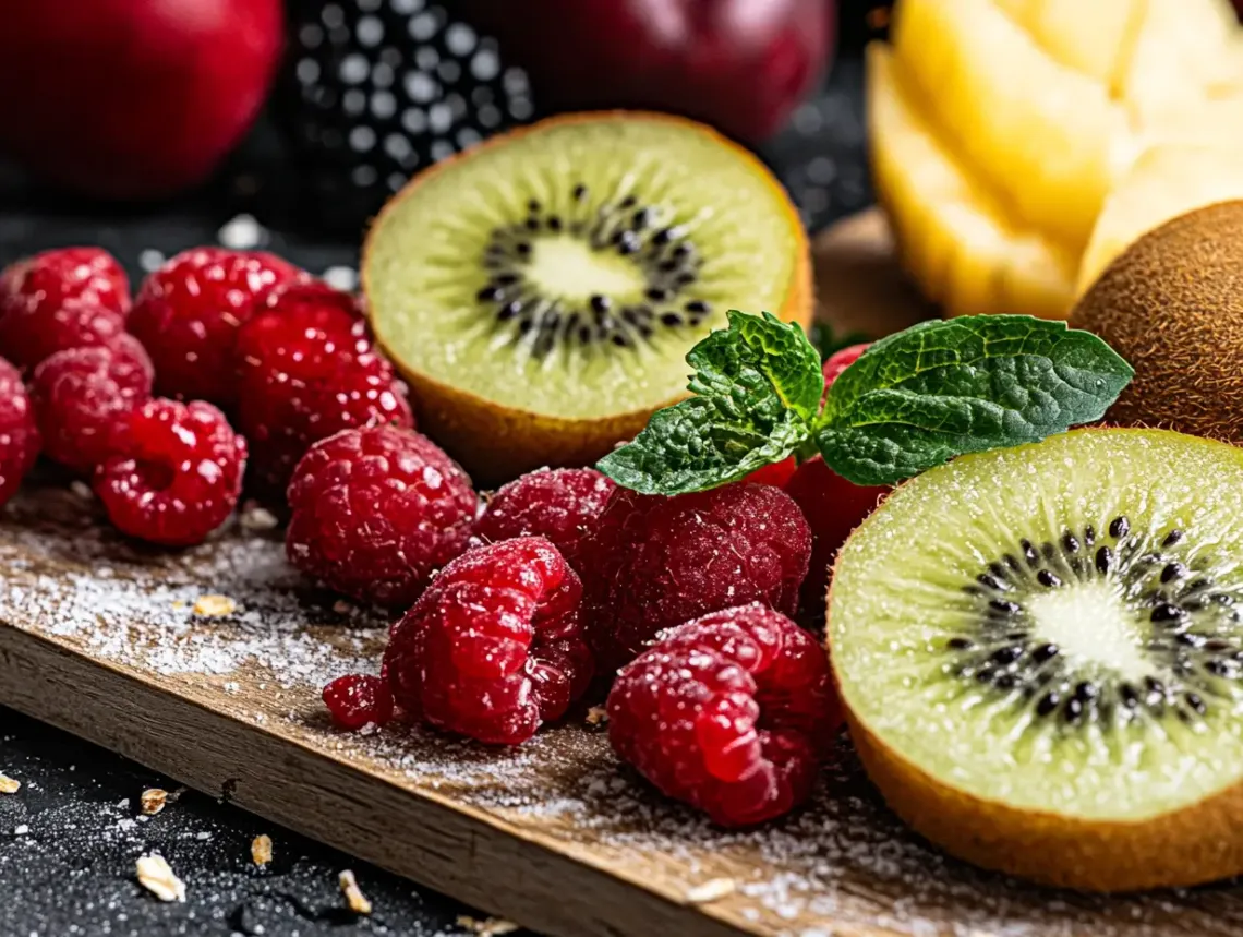 "Beautifully arranged cutting board with slices of kiwi, raspberries, and bananas for a healthy meal"