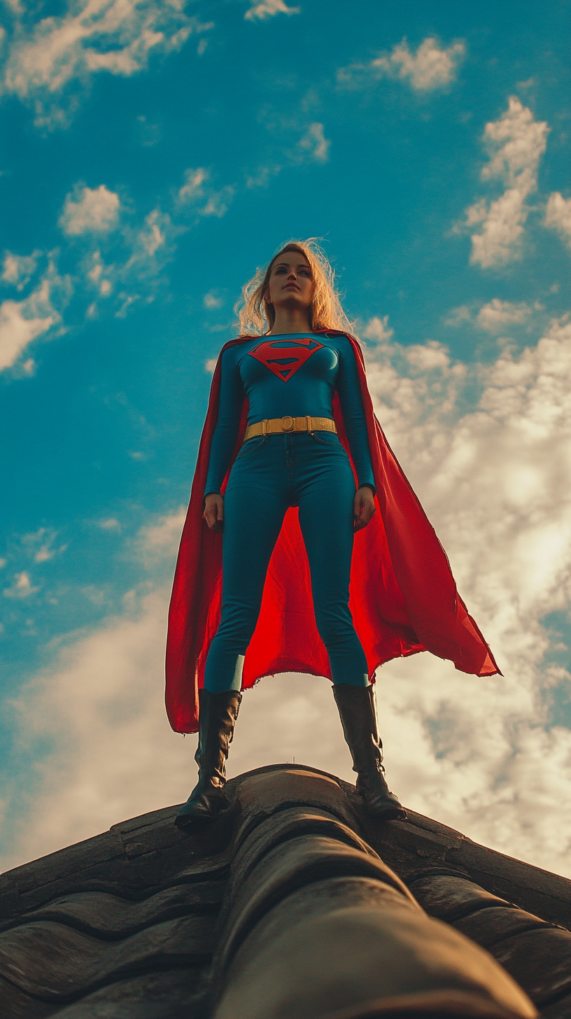 A female version of Superman stands confidently on a city rooftop, her cape flowing in the wind against a twilight sky.