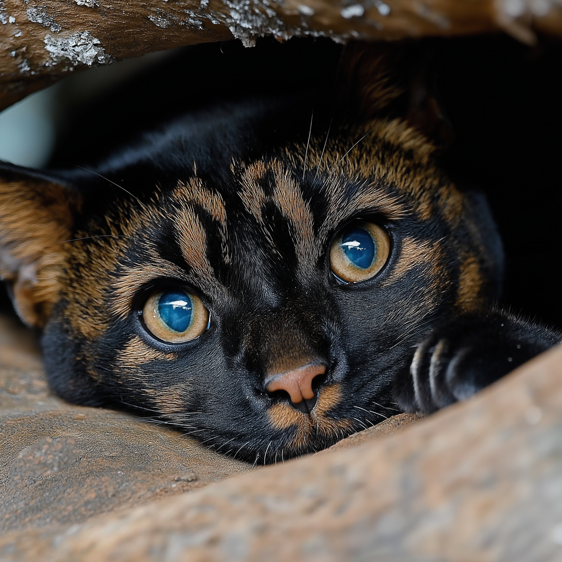 Close-up of black kitten with intense eyes and wild expression