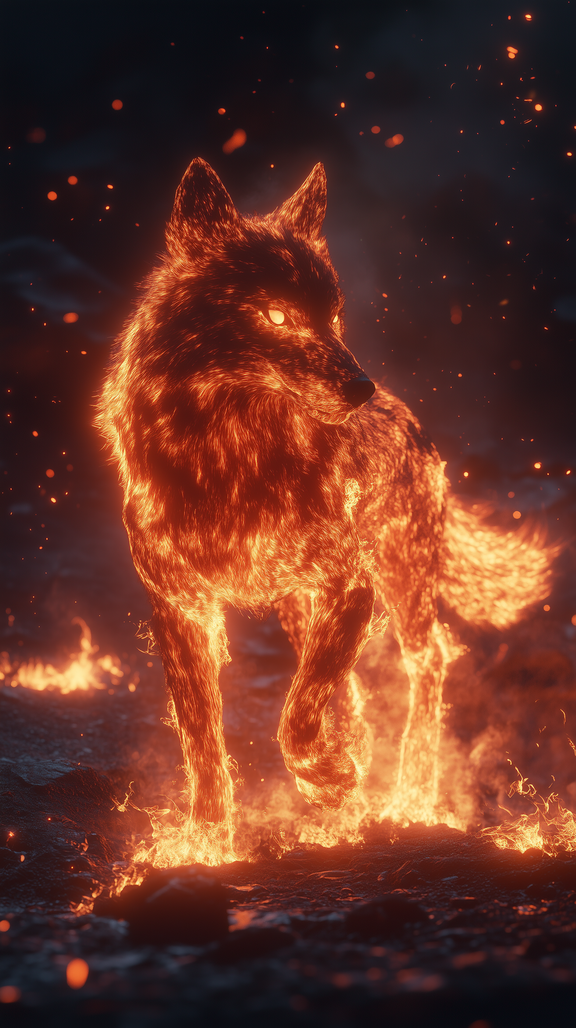 Burning wolf made of fire walking on black sand with lava and smoke, anime-style, glowing red