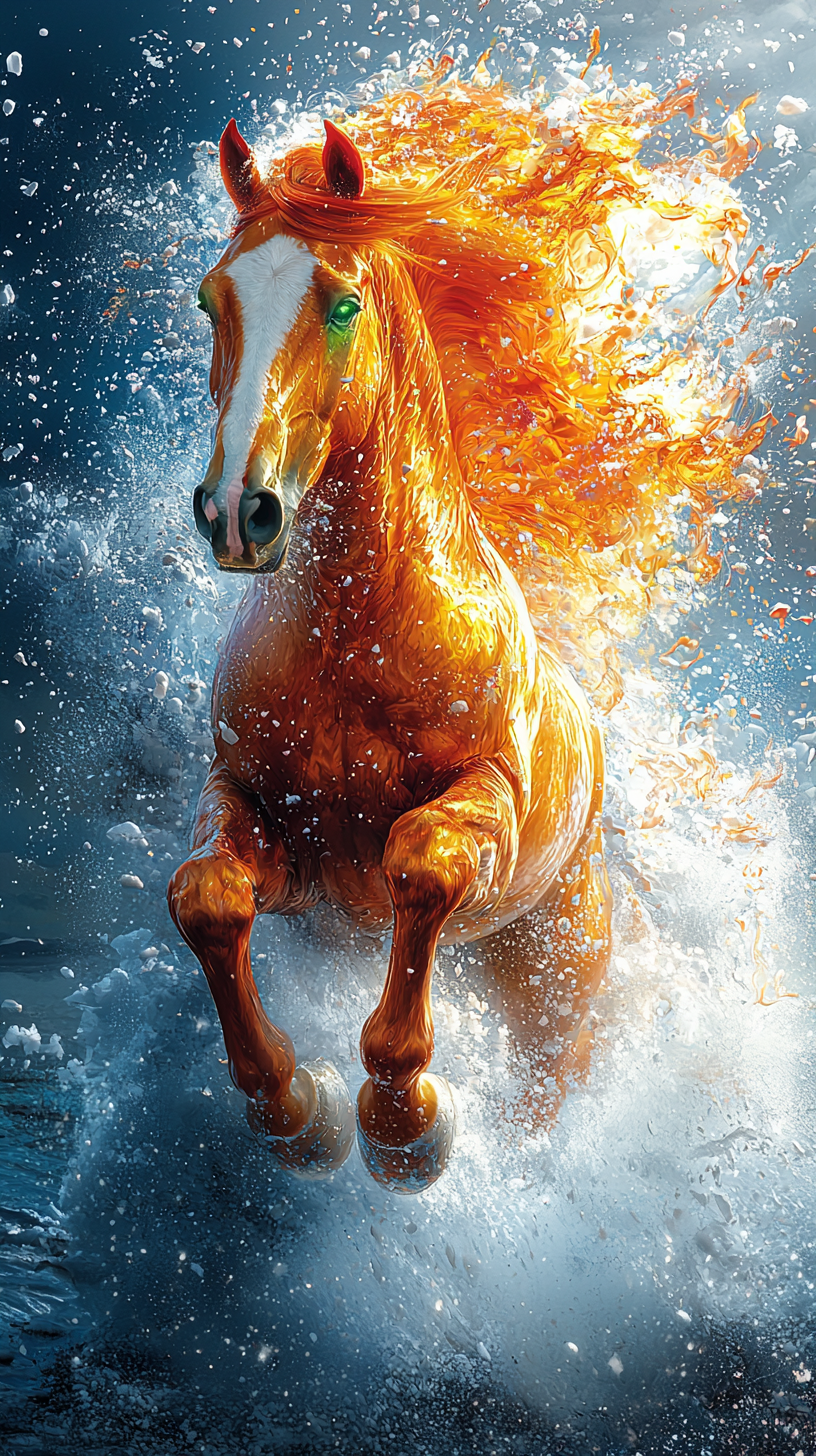 Majestic red horse with fiery mane galloping across a snowy landscape with falling snowflakes.