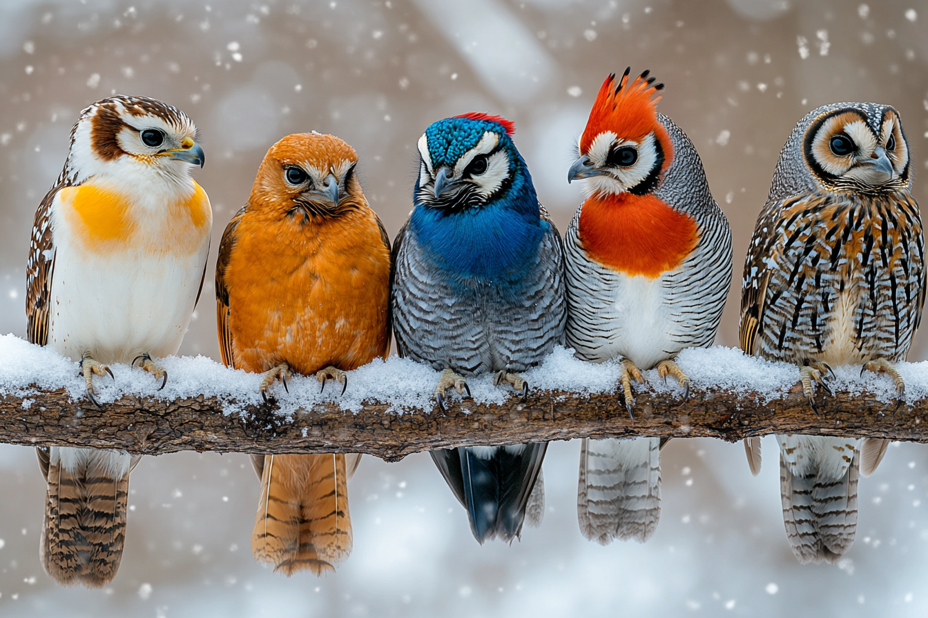 A fierce hawk, long-tailed peacock, red-headed woodpecker, brown owl, and long-tailed pheasant.