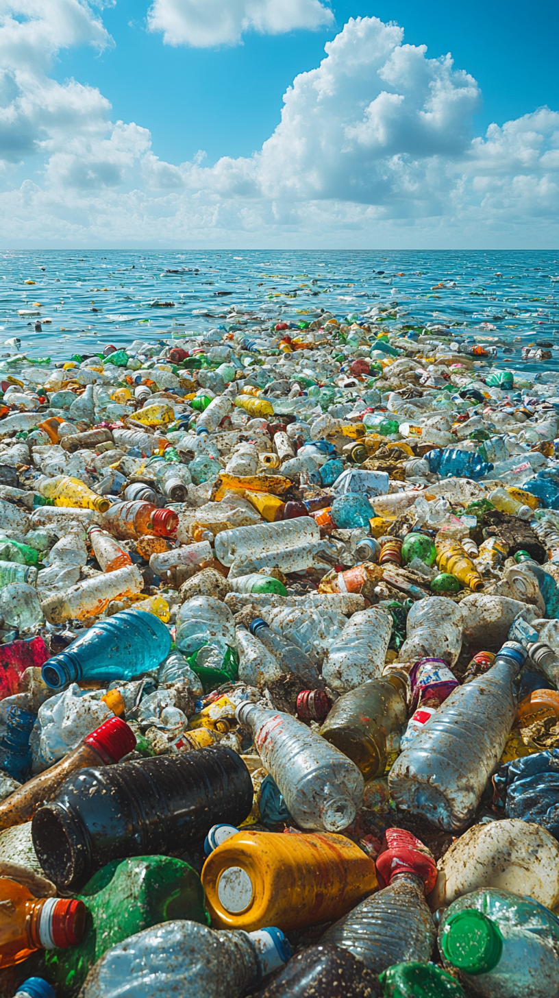 Plastic bottles and garbage floating above sea level against a backdrop of blue sea and white clouds