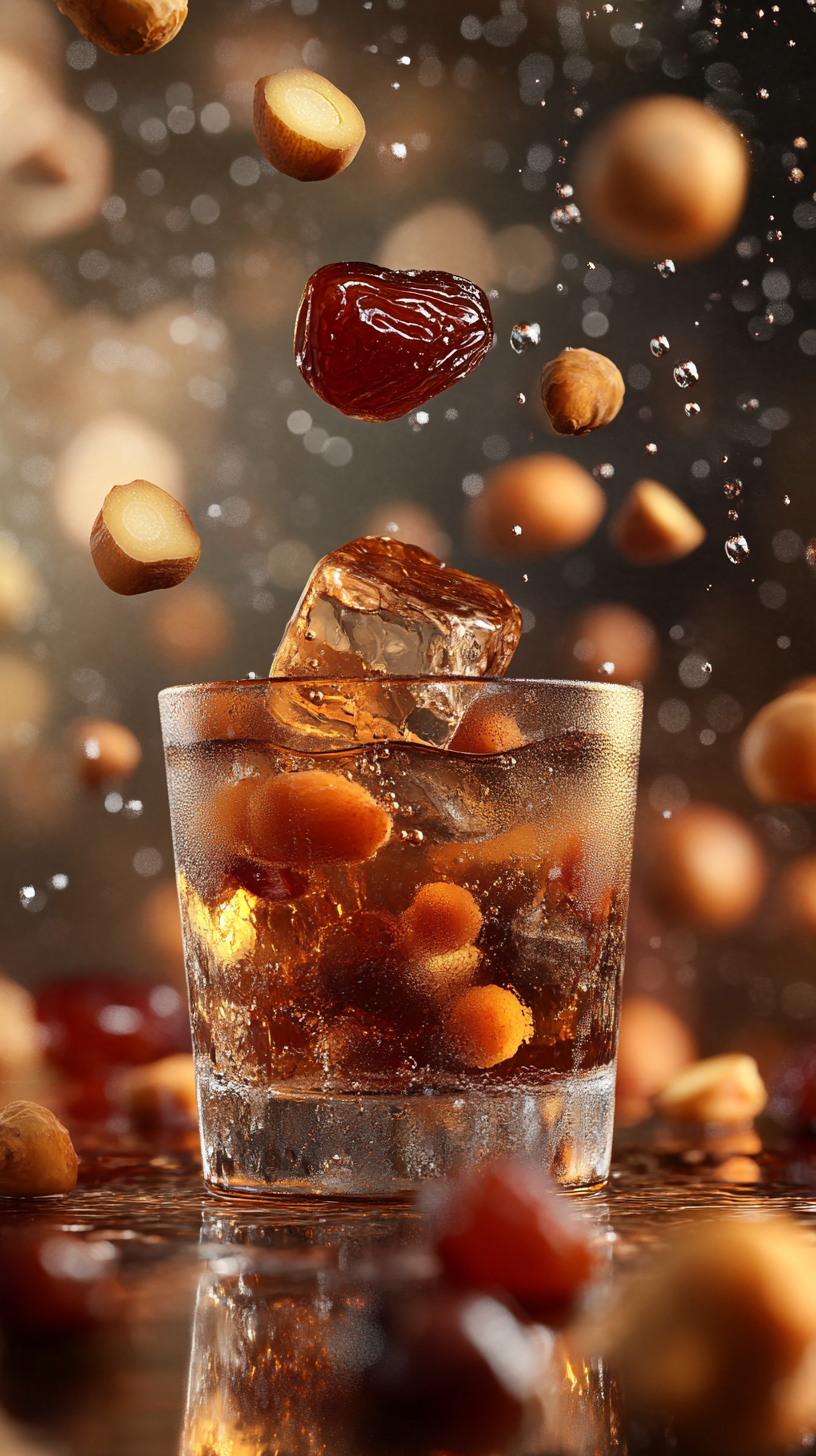 Macro shot of iced red dates tea with ingredients floating mid-air.