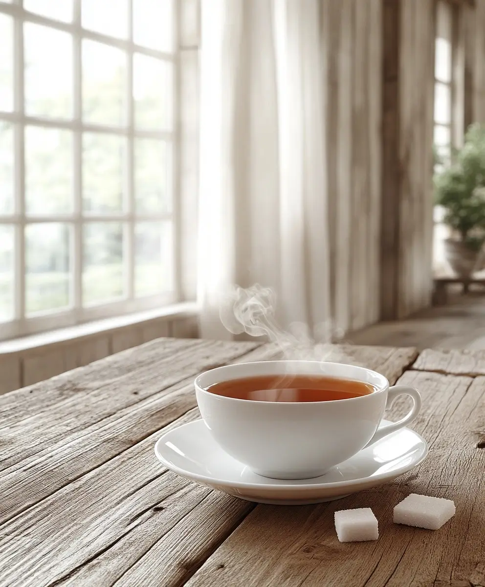 White floral-patterned cup filled with warm amber tea placed on a dark grained wooden table.