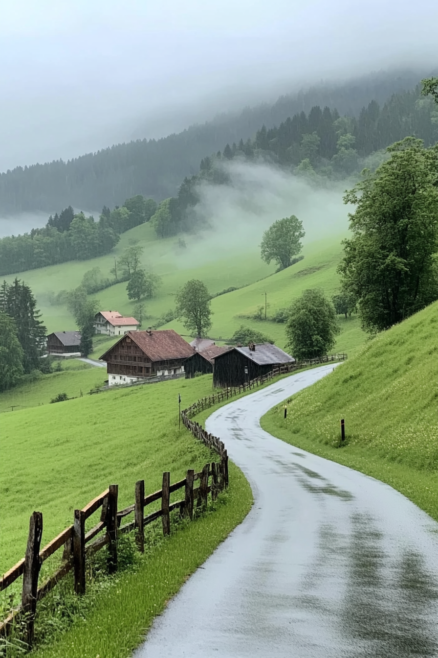 High-resolution photo of green hills in Switzerland with a road leading to farmhouses, foggy weather and rainy clouds