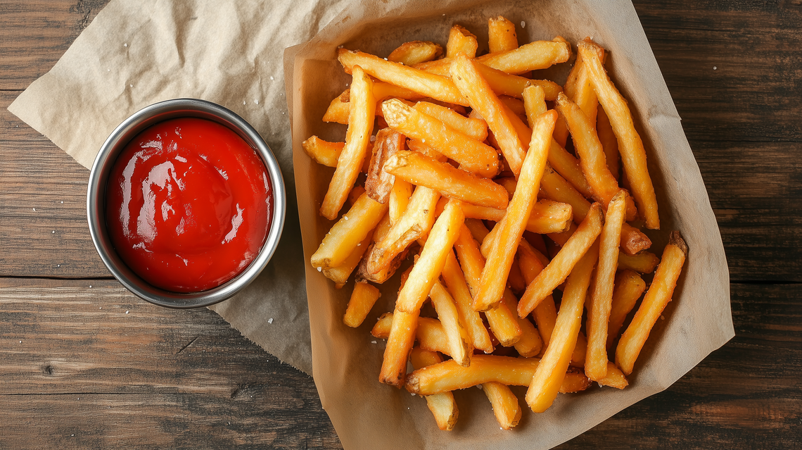 Crispy french fries on paper with a cup of ketchup on a table