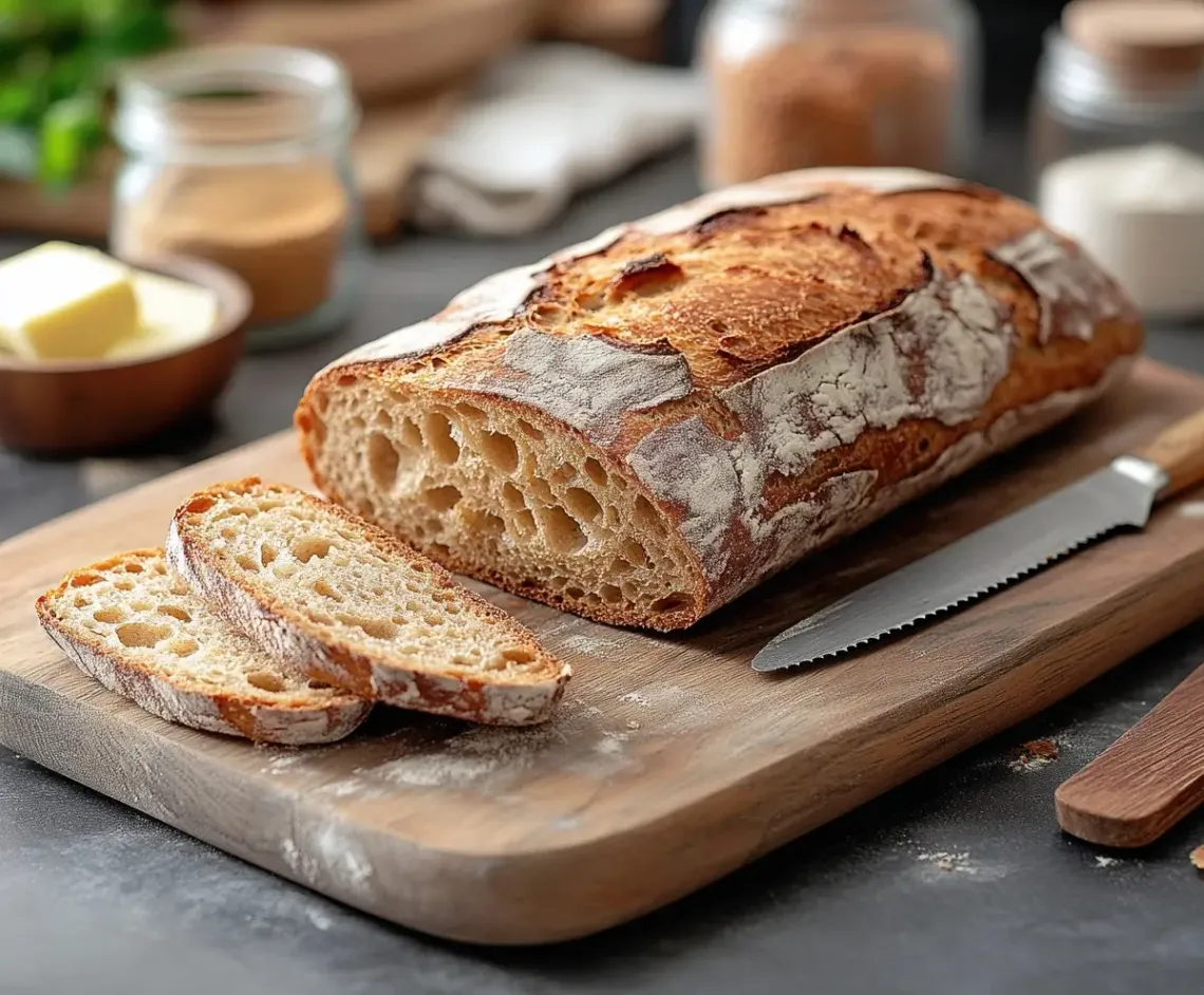 Fresh golden crust bread loaf on a well-worn cutting board in a warm-lit cozy kitchen.