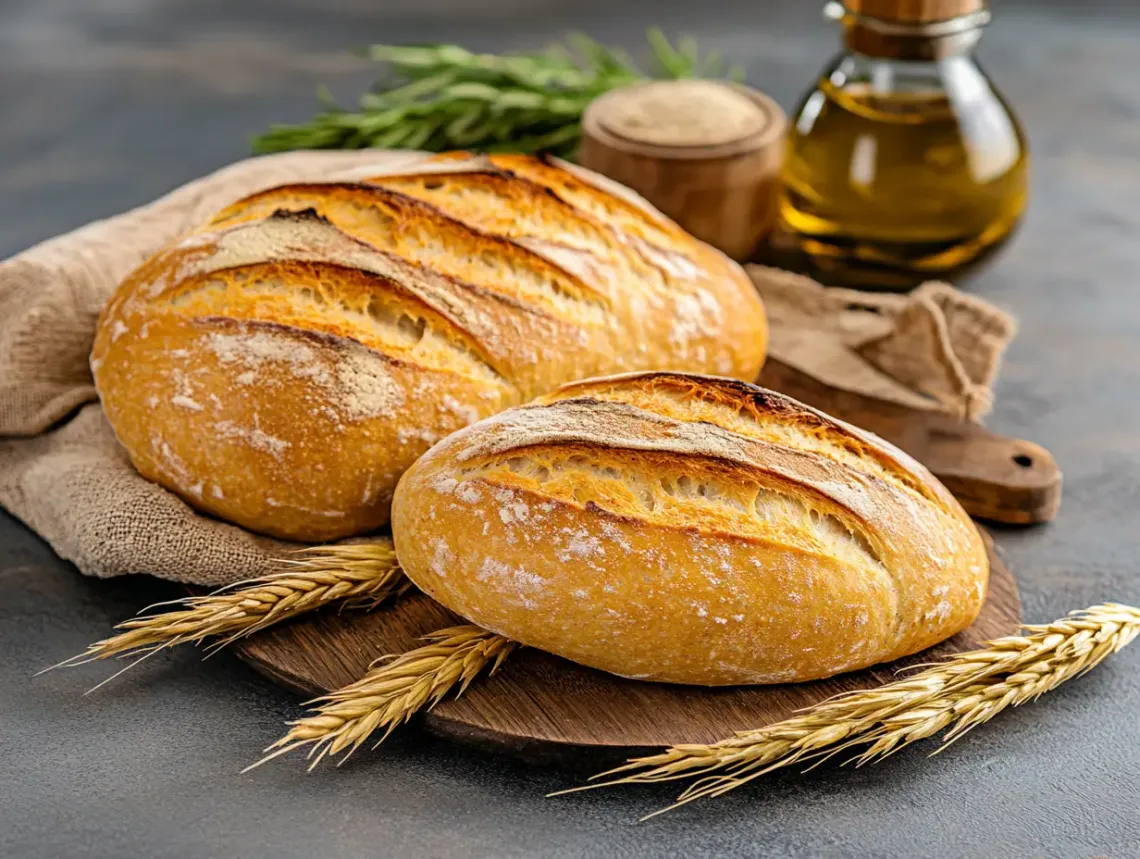 Two freshly baked loaves of bread on a rustic wooden plate beside a bottle of olive oil.