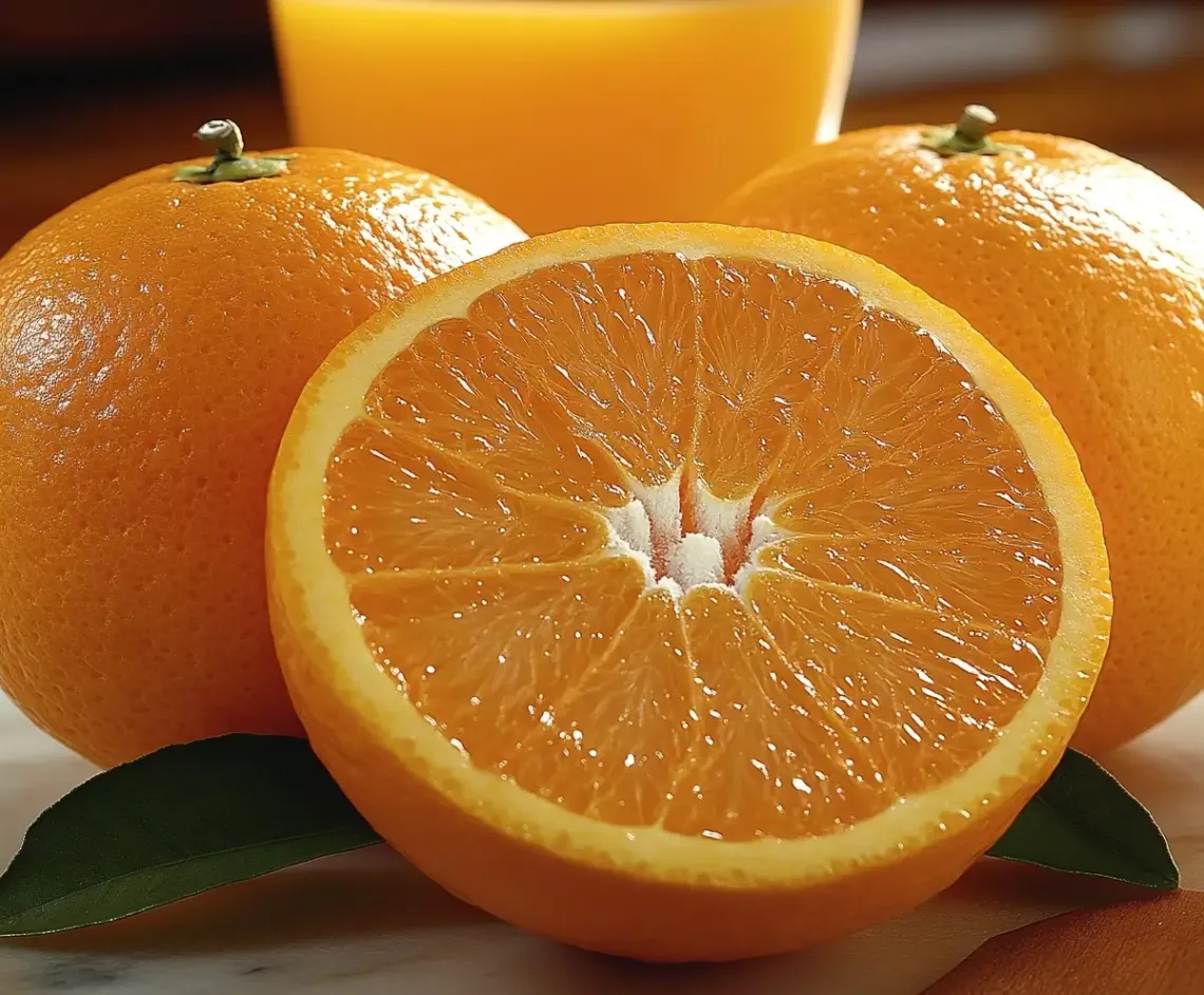 Close-up of a sliced orange next to a tall glass full of fresh orange juice, emphasizing a healthy snack.