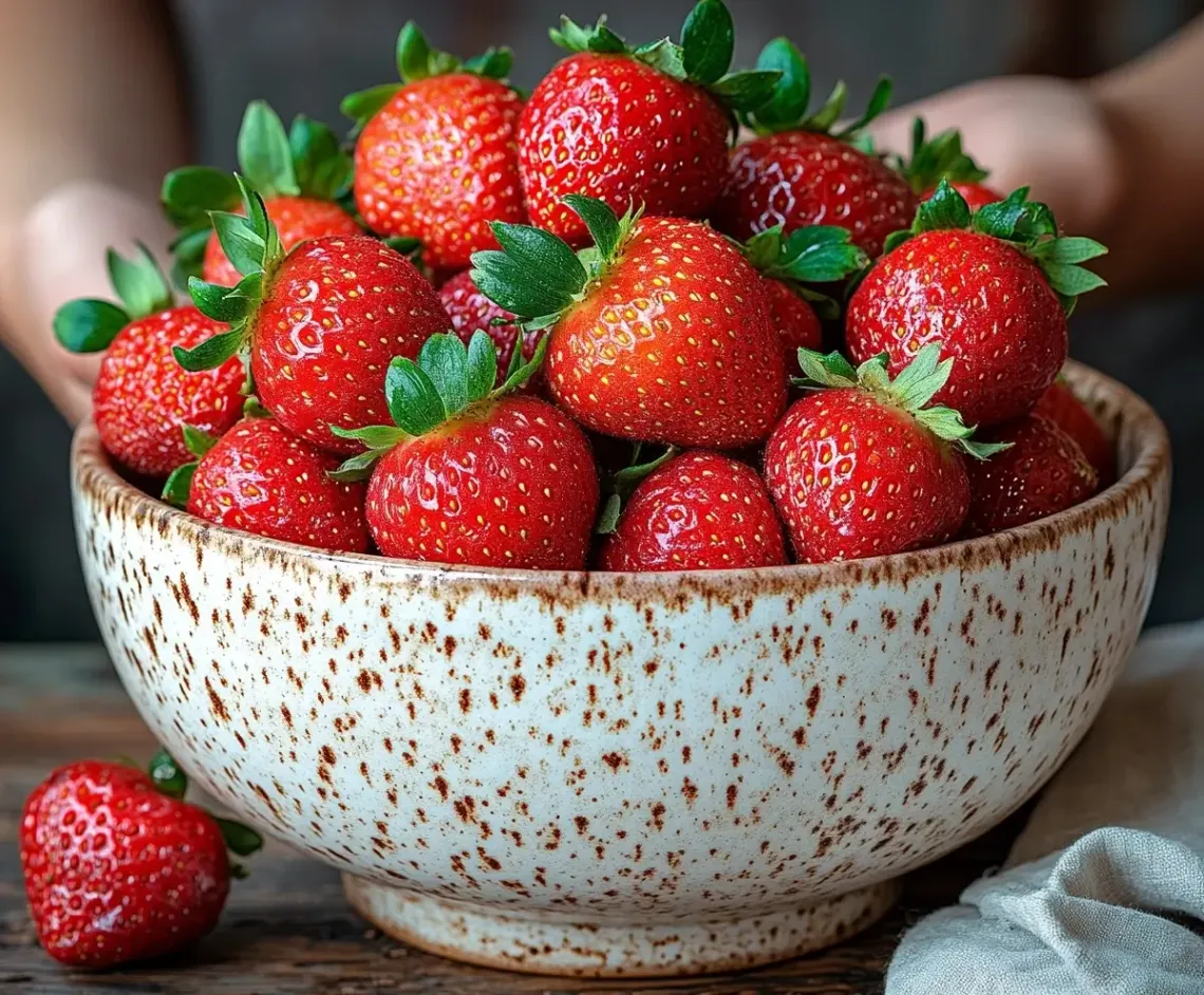 Bowl of fresh and juicy red strawberries on a light-colored, rustic wooden table.