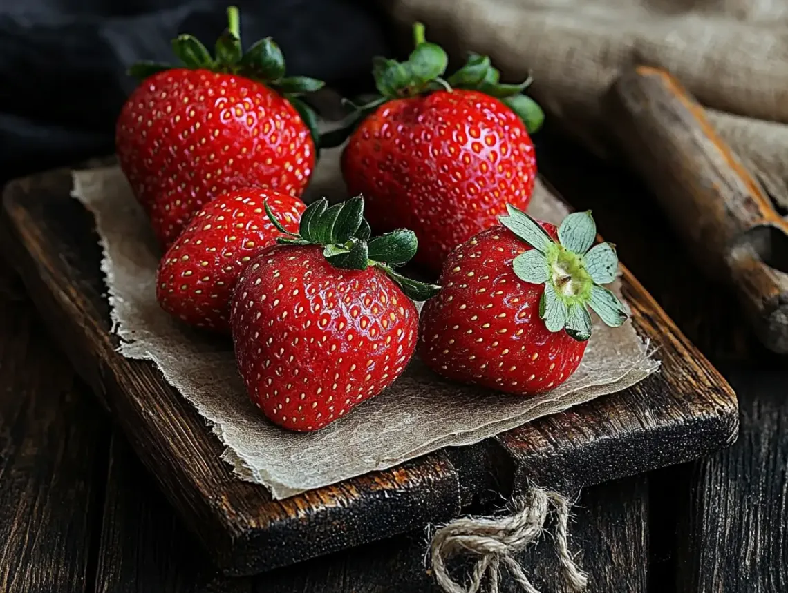 Fresh, ripe strawberries arranged on a clean, wooden cutting board, ready for cooking or consumption.