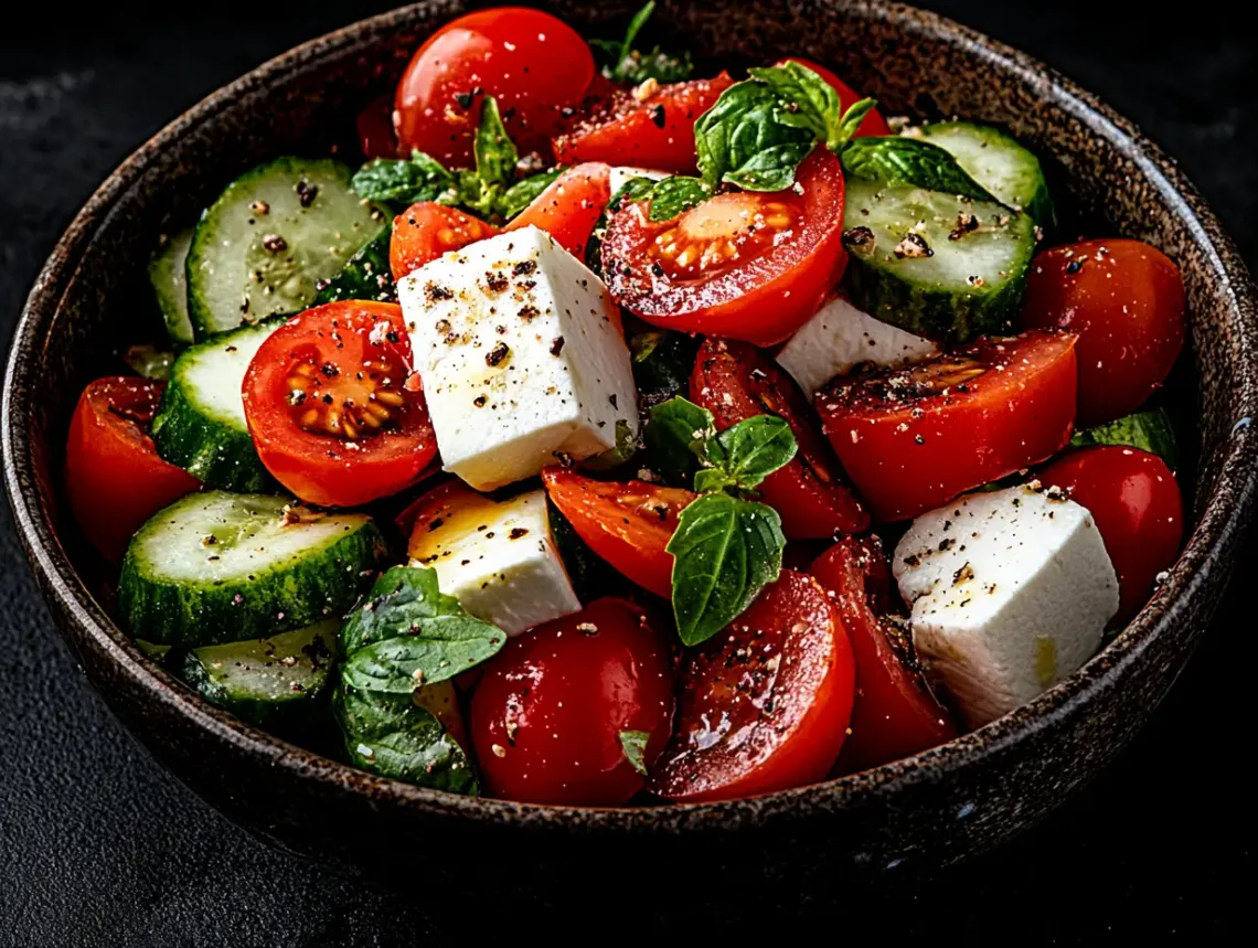 Healthy salad with fresh tomatoes, cucumbers, and feta cheese in a white bowl. 