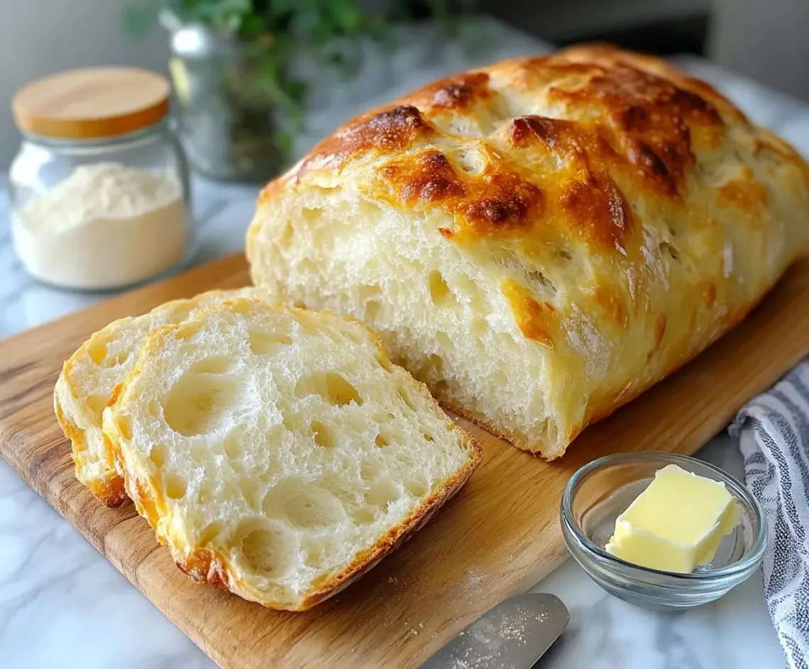 Freshly baked golden brown bread on a wooden cutting board with a dollop of creamy butter on top.