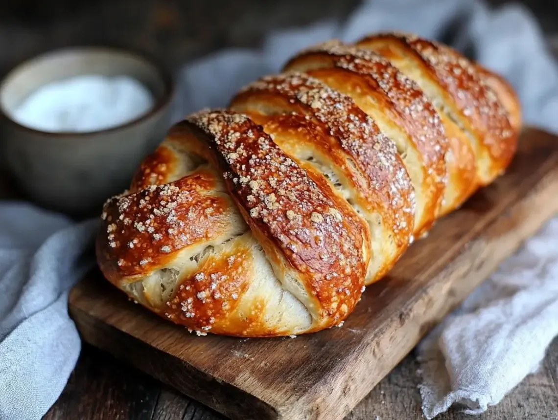 Freshly baked golden brown loaf of bread on a well-worn wooden cutting board in a rustic kitchen.