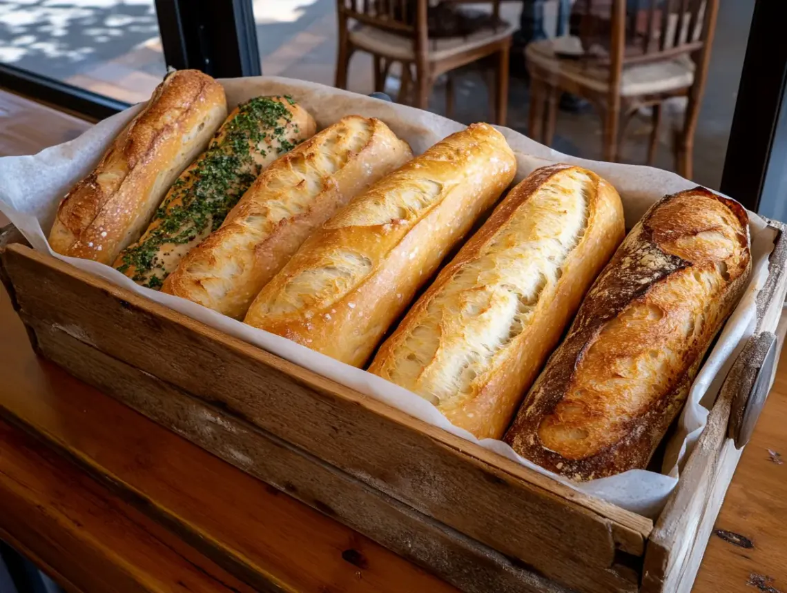 Assortment of freshly baked bread items such as loaves, rolls, and buns neatly arranged in a rustic wooden box.