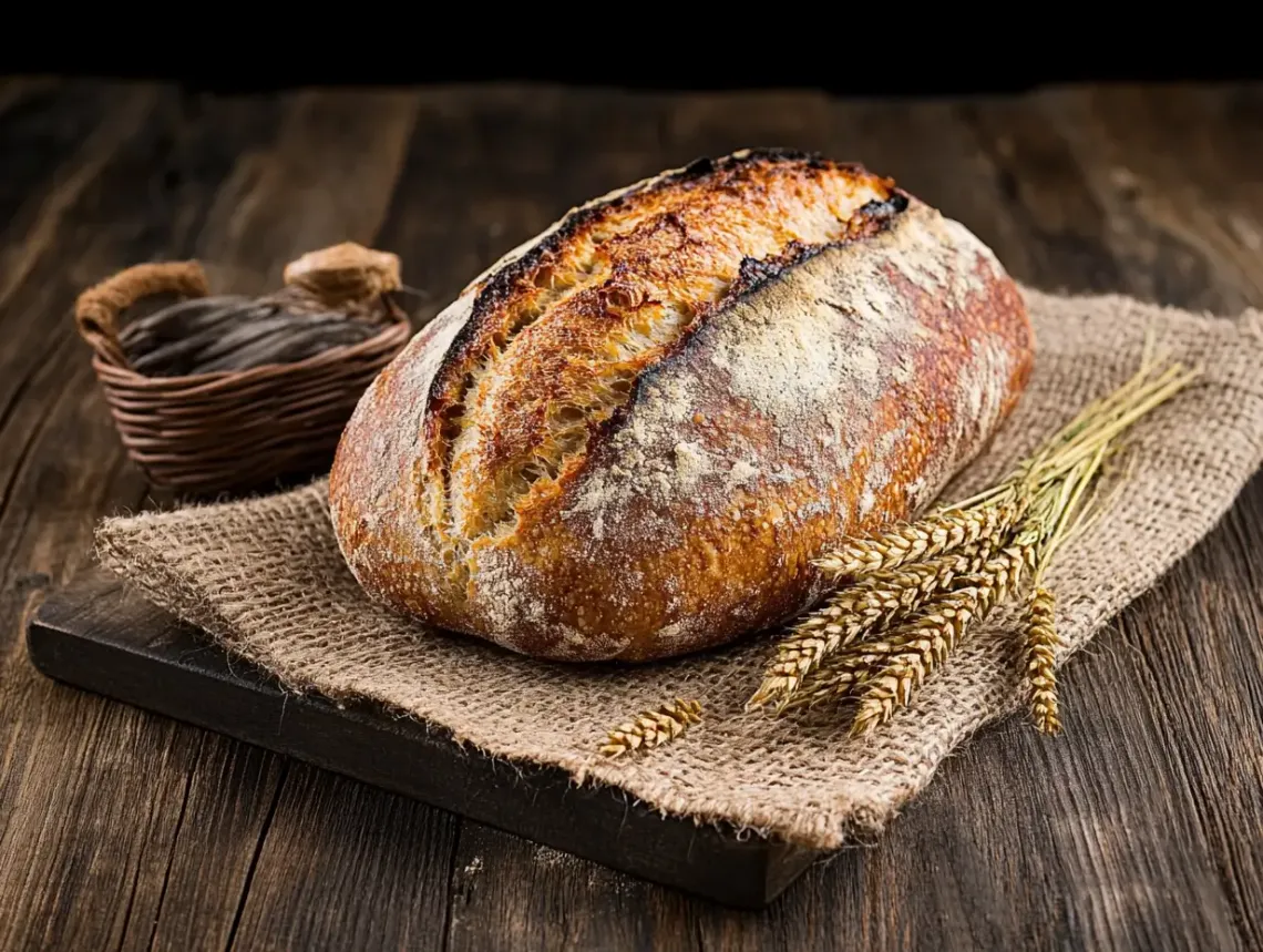 Freshly baked golden brown loaf of bread on a rustic wooden table in warm, soft lighting.