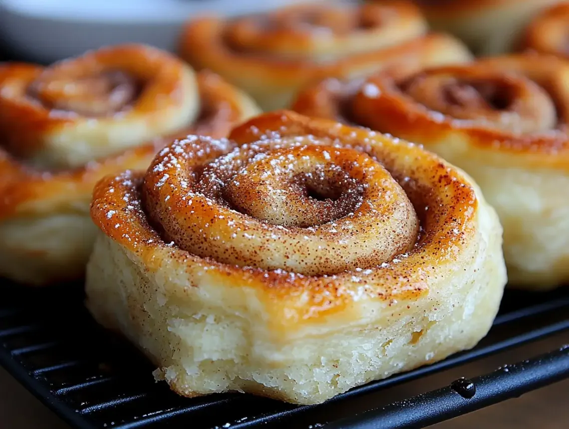 Close-up view of a tray of fresh, golden-brown cinnamon rolls with swirled sugar, soft texture, and icing on top.