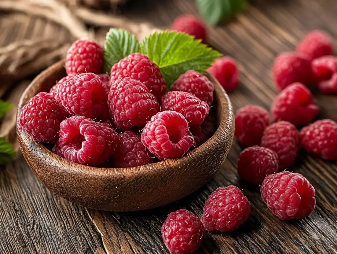 "Bowl of ripe raspberries neatly arranged on a rustic wooden table"