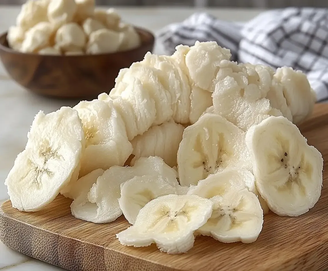 Sliced ripe bananas on a clean wooden cutting board in a well-lit kitchen.